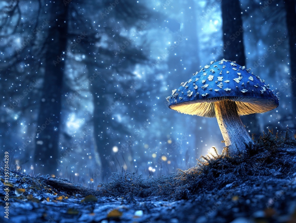 Poster enchanted forest mushroom glows in the night a magical scene with soft blue tones and sparkling ligh