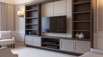 A contemporary TV wall unit in a modern living room, complete with open shelving and two storage cupboards underneath
