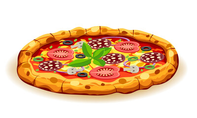 crispy pizza freshly baked with sausage, tomatoes, olives, mushrooms and cheese vector illustration isolated on white background