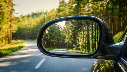 a close up of a car side mirror reflecting a summer forest road