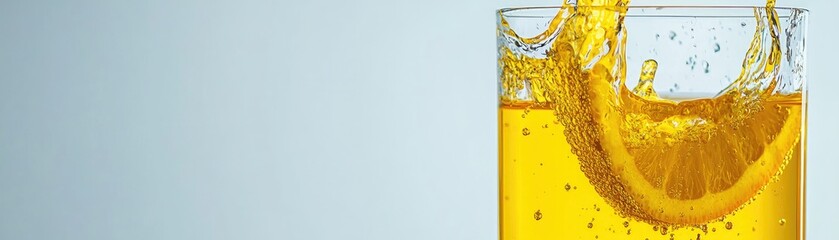 Citrus slice splash in glass of juice against a light blue background