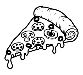 crispy pizza freshly baked with sausage, tomatoes, olives, mushrooms and cheese vector illustration isolated on white background