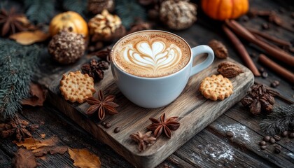 Autumn Spice Latte Art Hot Beverage with Heart Design, Surrounded by Cozy Fall Decor and Treats