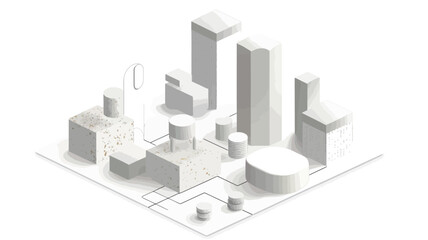 Fototapeta premium The image is a digital illustration depicting an abstract cityscape rendered in an isometric perspective. The scene consists of various geometric shapes representing buildings and structures in