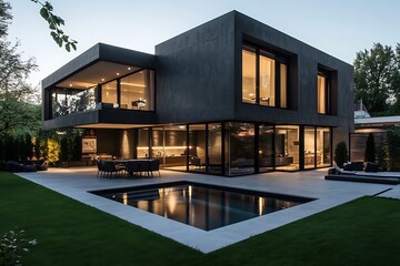 A modern villa with a dark concrete facade, floor-to-ceiling windows, and a spacious backyard with a pool and lounge area.