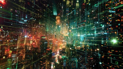 Obraz premium Abstract picture of neon light particle glow with digital technology style design connecting become dynamic of electric movement represent about flowing of data or structure of network system. AIG53.