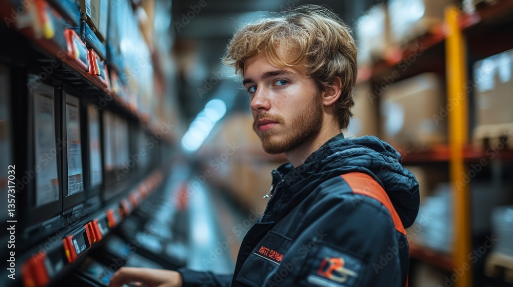 Poster a young worker checks inventory on a digital screen in a busy warehouse. boxes line the shelves, sho