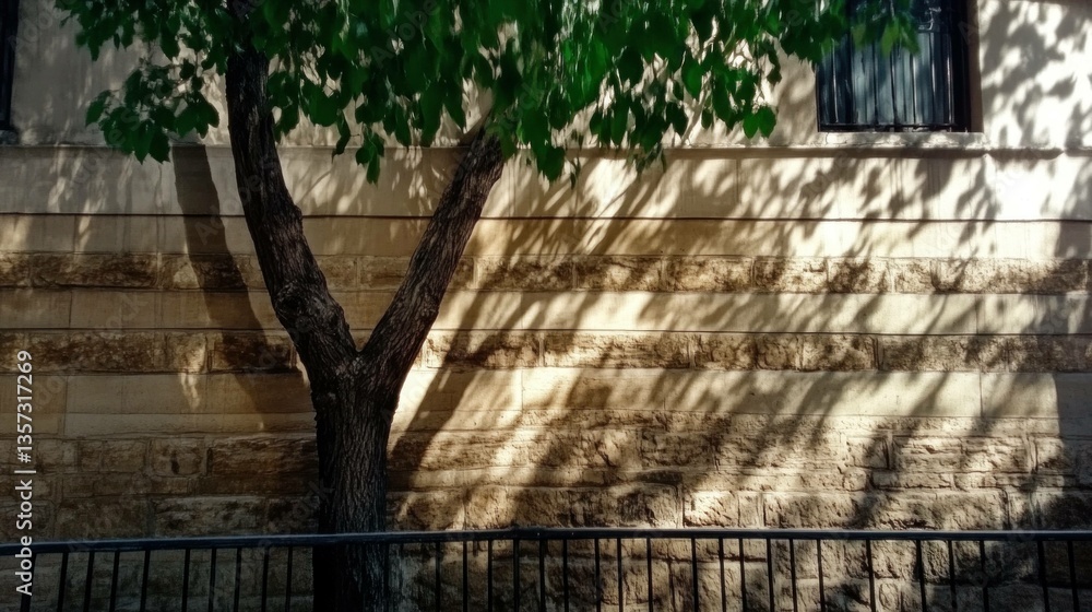 Poster sunlight casting beautiful shadows of a tree on a textured stone wall, creating a serene and peacefu