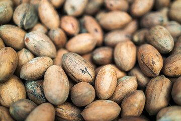A bag of pecans for sale. The pecan is a species of hickory native to the Southern United States...