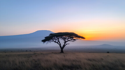 African Savanna Sunset: Silhouette of Acacia Tree Against Golden Sky