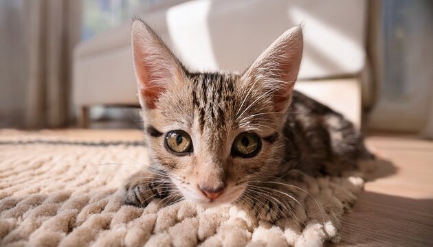 adorable blind tabby cat feline herpesvirus survivor beige rug cute kitten photo