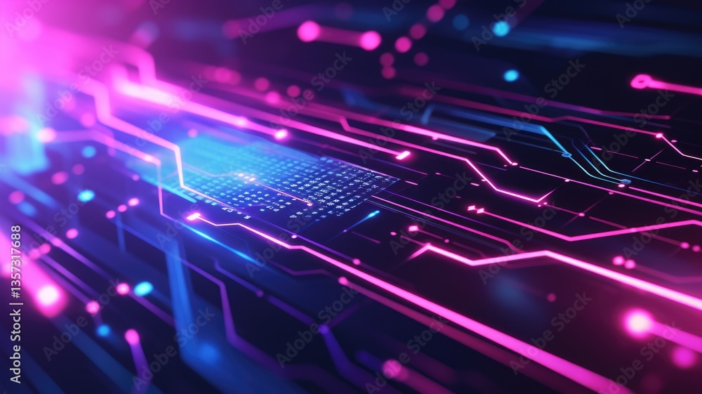 Poster a vibrant abstract technological background featuring dynamic circuitry and neon colors, perfect for