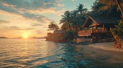 Naklejka premium Breathtaking sunset over a tropical beach with a secluded wooden house and lush greenery