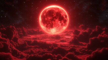 Obraz premium Crimson moon rising above a sea of scarlet clouds in a dramatic space landscape celestial sphere lunar eclipse atmosphere cosmic scene