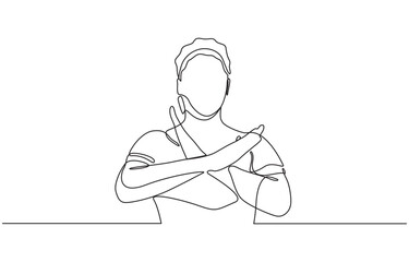 Woman crossing arms and saying no gesture Person making stop sign with hands, Single continuous line drawing young woman crossing arms and saying no gesture person making X shape.