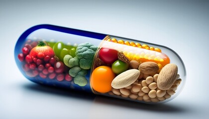 a capsule filled with fruit vegetables nuts and beans inside a nutrient pill food products vitamin complexes healthy lifestyle concept