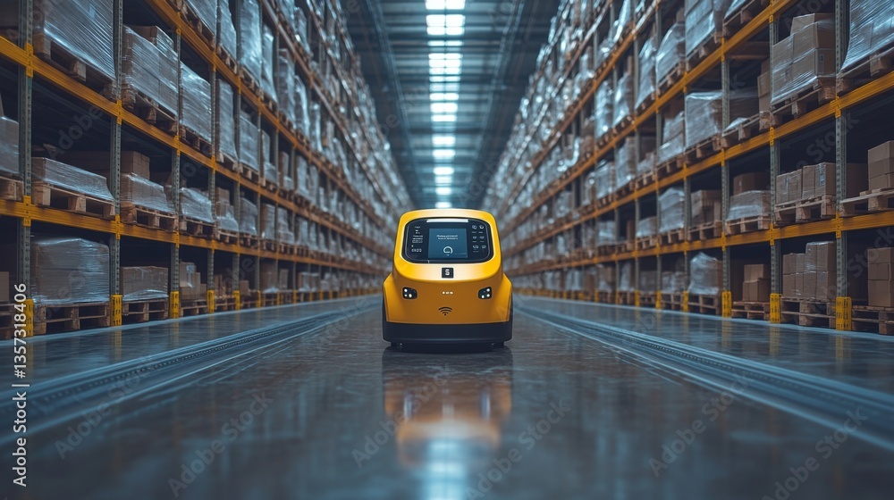 Poster an autonomous vehicle moves down an organized aisle in a large warehouse. the shelves are stocked wi