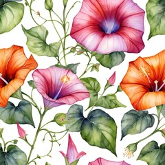 Fototapeta premium Watercolor Seamless Pattern of Vibrant Morning Glories