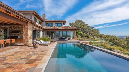 Obraz premium Minimalist Modern House with Outdoor Pool and Elegant Landscape Under Blue Skies