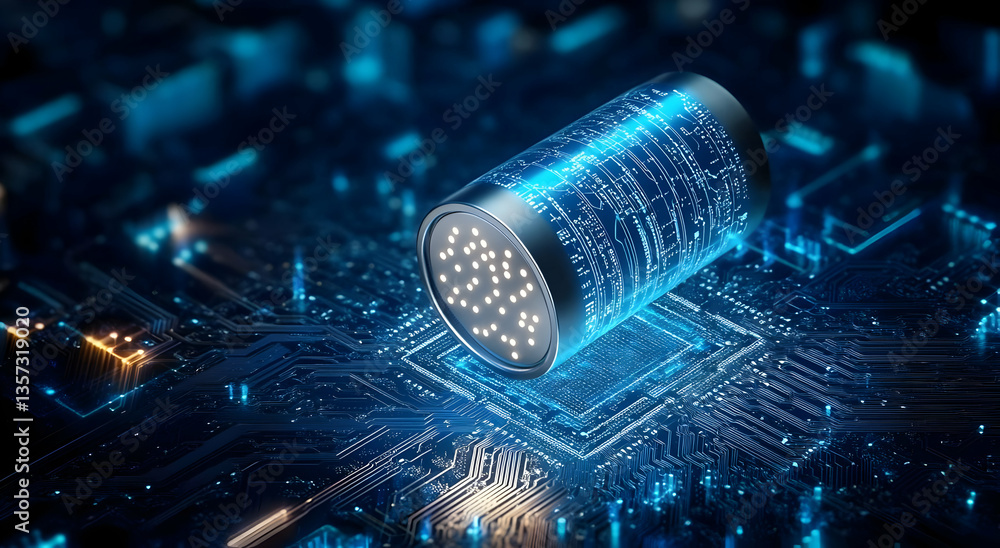Poster a high-tech digital circuit board featuring a stylized capacitor, illuminated with vibrant blue ligh