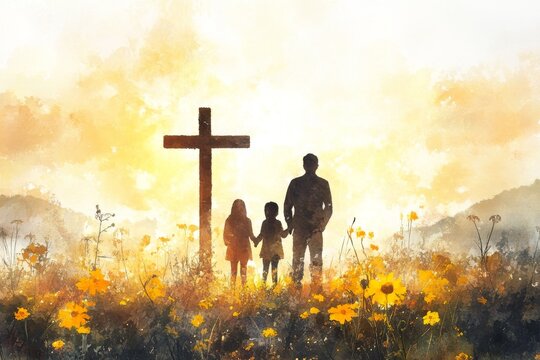 Family Faith Sunset - Silhouetted family stands before a cross in a field of flowers at sunset, symbolizing faith, hope, and family unity