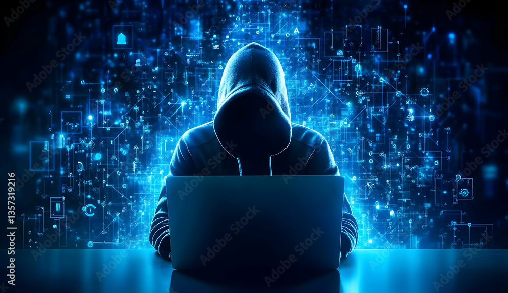 Poster a hooded figure working on a laptop, surrounded by digital security codes, representing the world of