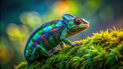 Fototapeta premium A Vibrant Chameleon Perched on Lush Mossy Vegetation in a Serene Natural Habitat