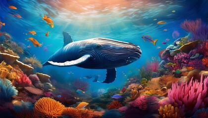 Fototapeta premium vibrant underwater scene showcasing diverse marine life colorful coral reefs a swimming whale and various fish in a beautiful aquatic ecosystem