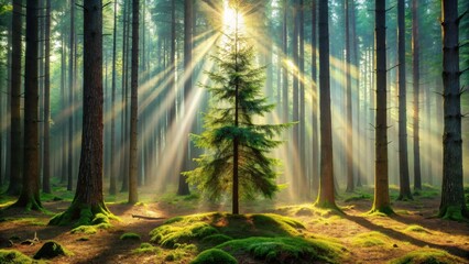 Obraz premium Serene Sunrise Illuminating a Lone Evergreen in a Misty Forest of Tall Trees