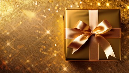 gift box with golden ribbon glittery gold background
