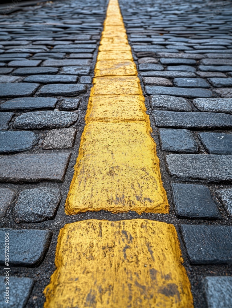 Poster urban cobblestone path with vibrant yellow line guiding the way forward on a wet paved surface