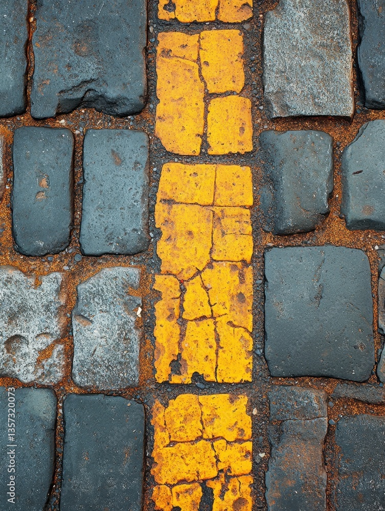 Poster cobblestone road with yellow line marking in urban setting high angle view of textured surface and w