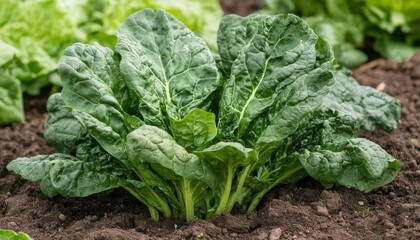 Fresh, Vibrant Spinach Growing in Garden Bed, Close-Up View of Healthy Leafy Green Vegetable