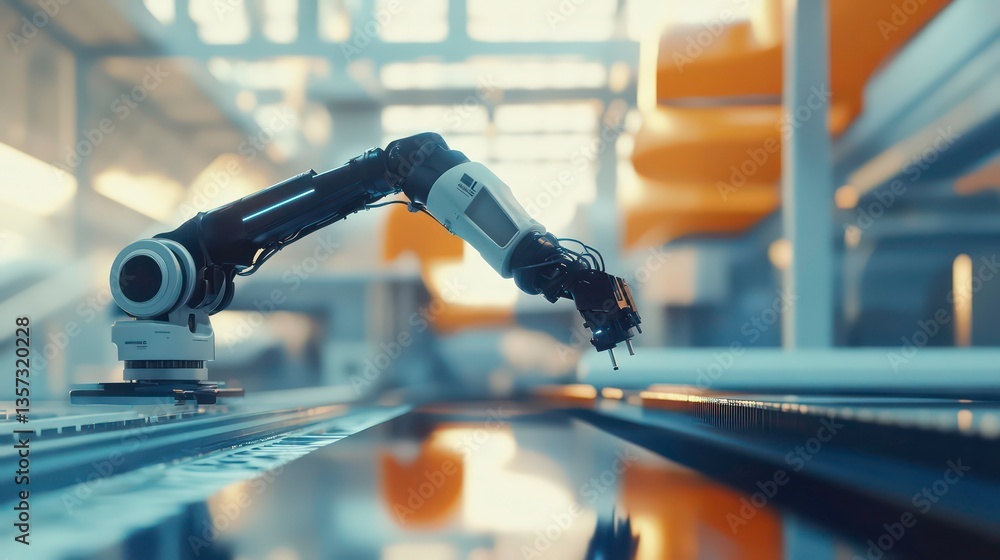 Poster robotic arm on conveyor in modern logistic and distribution center