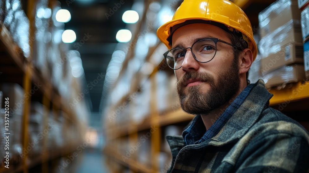 Poster a logistics specialist wearing a hard hat and glasses observes the well organized storage space fill
