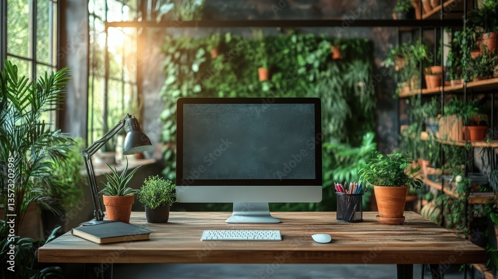 Poster modern workspace interior with computer and lush greenery creating a tranquil ambiance