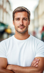Obraz premium Portrait of confident man in white tee standing with arms crossed in urban environment