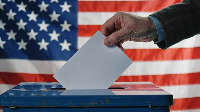 Hand casting vote in ballot box with United States flag background