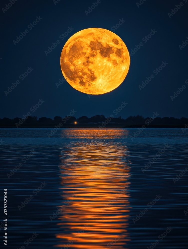 Poster golden full moon reflecting on calm dark water surface creating a serene and peaceful nightscape wit