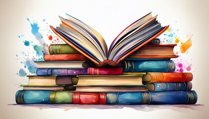 pile of books with one book open on a white isolated background generative ai