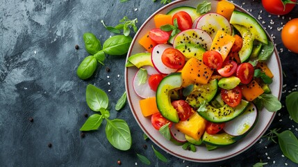 Vibrant salad featuring fresh vegetables such as cucumbers, tomatoes, and radishes, garnished with basil.