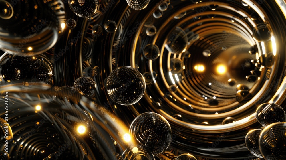 Poster abstract black and gold color light in circle shapes scatter around express colorful design. round f