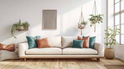 A cozy living room with a soft cream-colored sofa adorned with teal and coral accents, placed on warm wooden floors