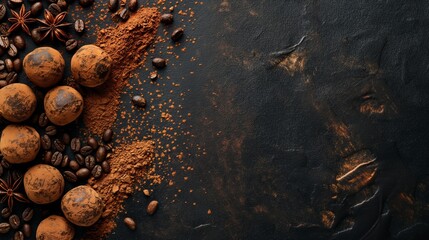 Rich chocolate truffles dusted with cocoa powder, surrounded by coffee beans and spices on a dark surface, creating a decadent presentation.