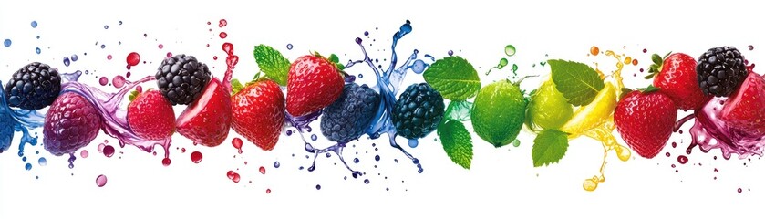 Rainbow fruit splash; berries, citrus; healthy food; white background; recipe website
