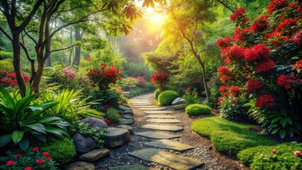 Serene Garden Path Winding Through Lush Greenery and Vibrant Blooms Under Golden Sunlight
