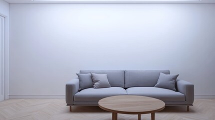 Fototapeta premium A cozy, minimalist living room with a muted grey sofa and a round wooden coffee table, placed on a light parquet floor