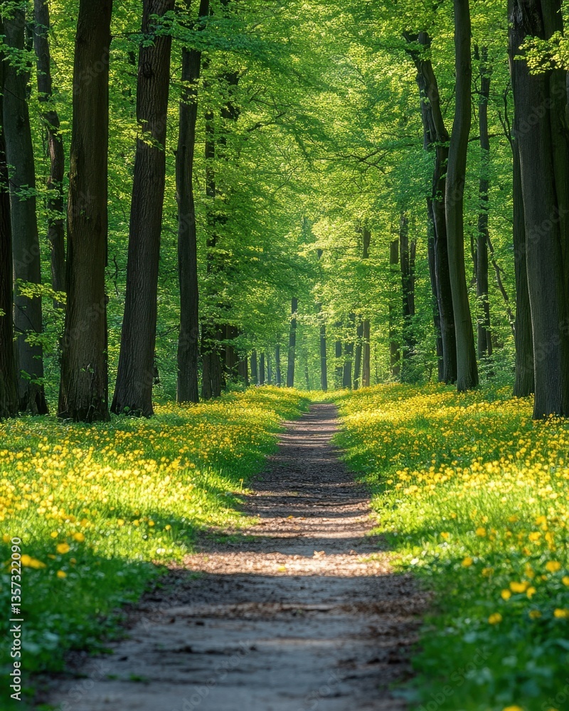 Aufkleber serene forest path illuminated by sunlight filtering through lush green canopy and vibrant yellow wi