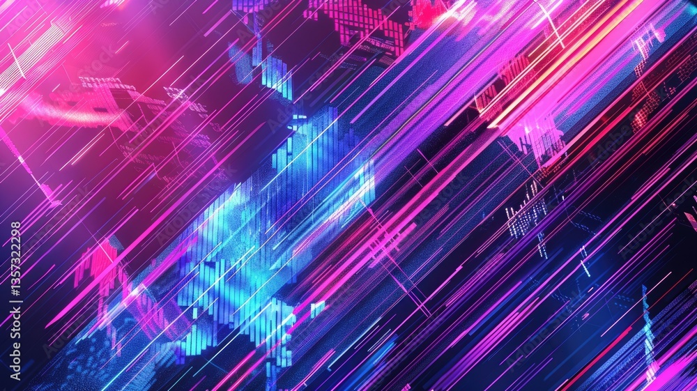 Poster abstract digital art with pink and blue line and geometric shapes with glowing vibrant color glitch 