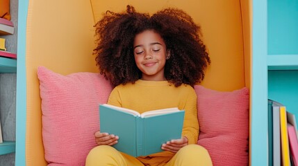 Young girl enjoys reading a book while sitting in a cozy nook with colorful cushions and cheerful decor